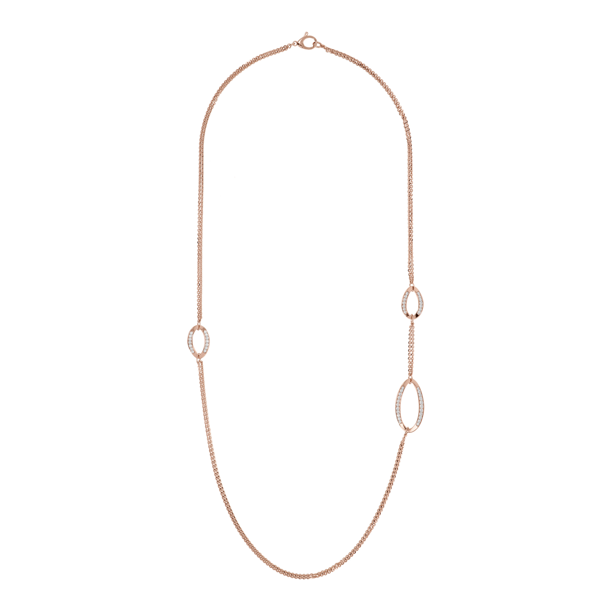 Collana Lunga Doppia Catena Rolo con Elementi Ovali Pavé in Cubic Zirconia