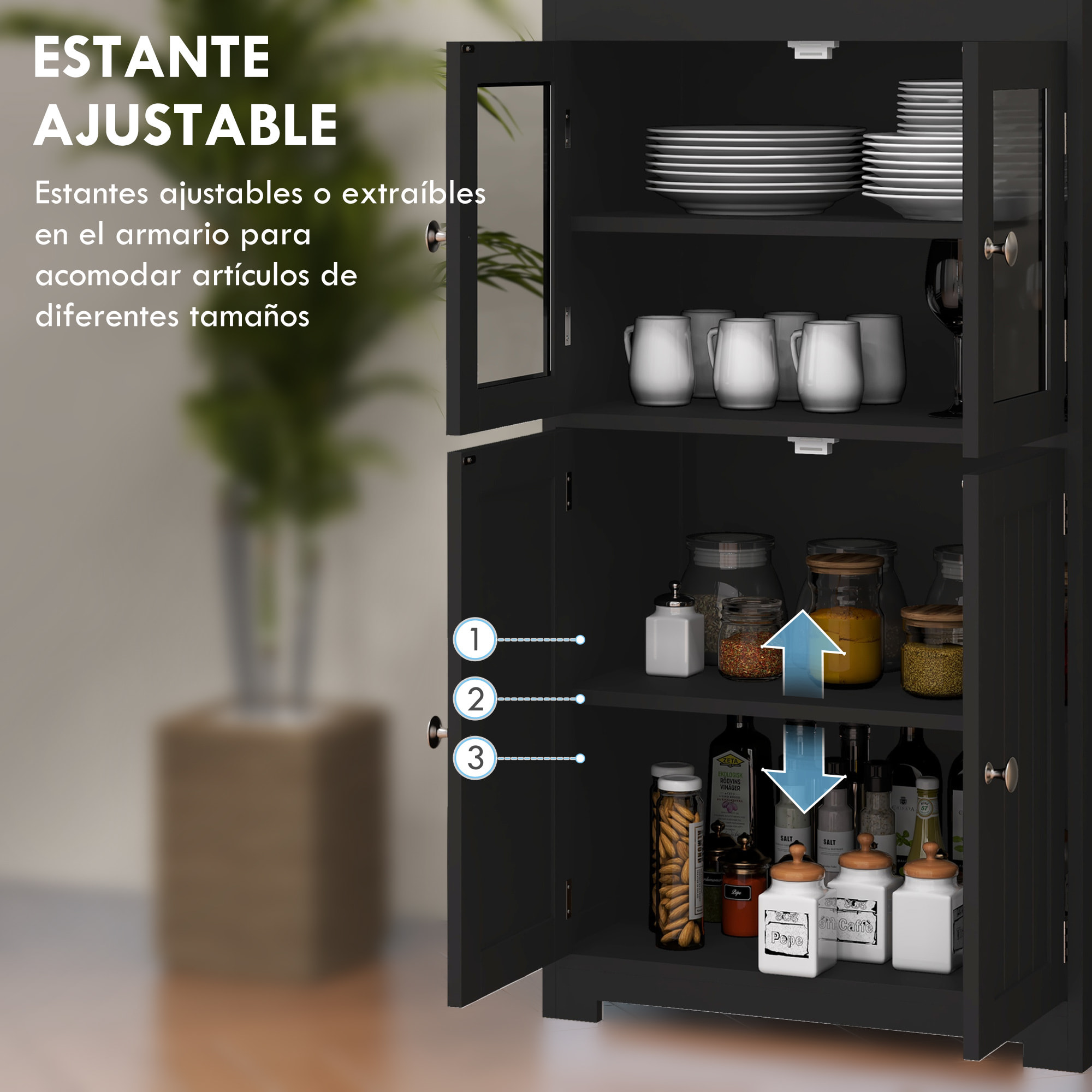 Alacena de Cocina Aparador de Comedor Armario de Cocina con 4 Puertas 2 Estantes Abiertos y Estante Ajustable para Salón 60x30x162 cm Negro