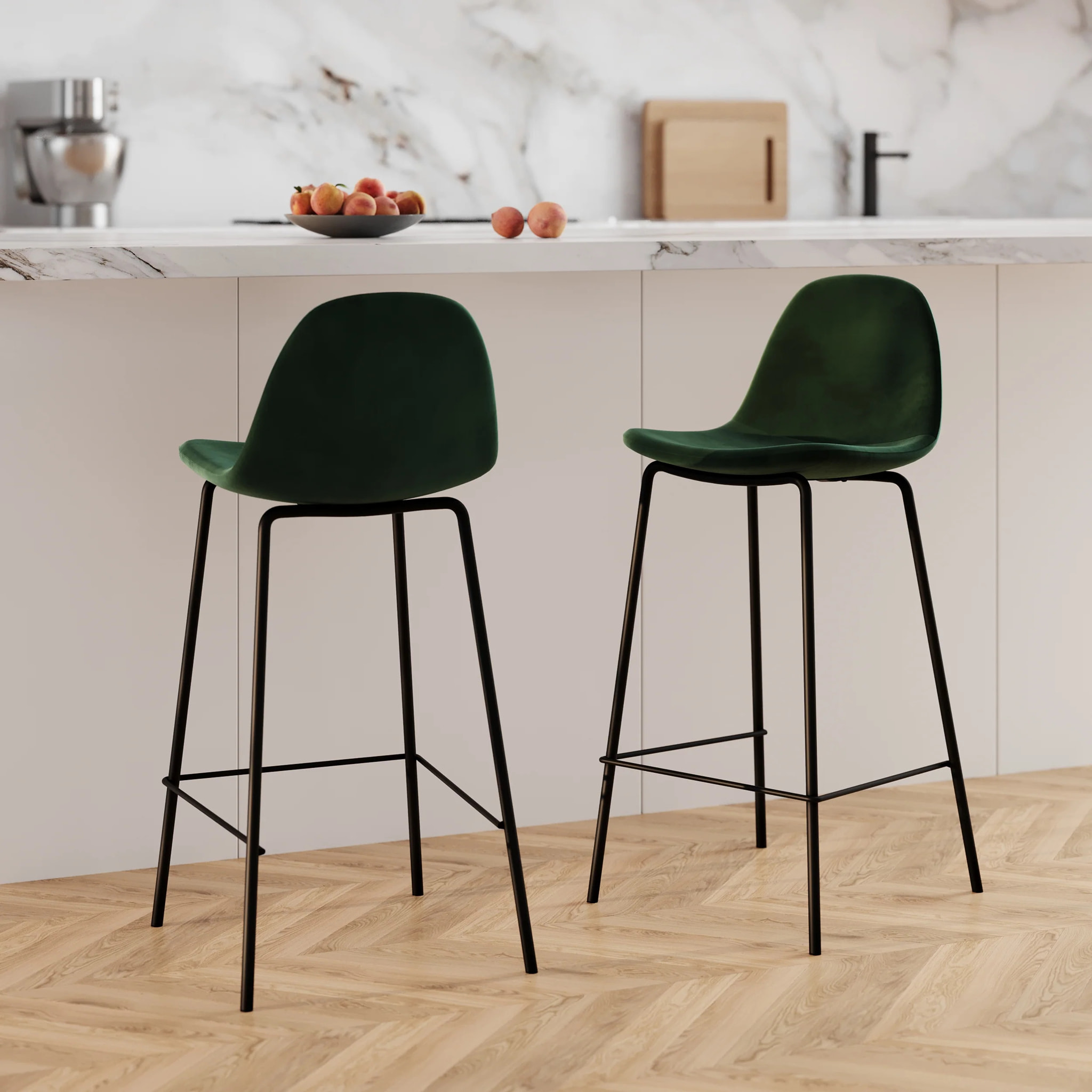Lot de 2 chaises pour îlot central 65 cm en velours vert foncé - Henrik