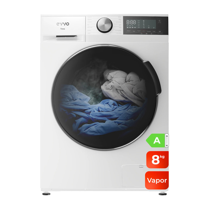EVVO Lavadora Nova 8 8 kg, 1350 rpm, Clase A, motor inverter, tambor diamante ePROTECT, vapor, 14 programas, 15’ rápido, blanco