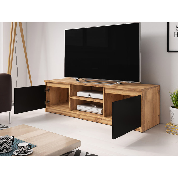 Robin - meuble TV - 2 portes et 2 niches - 120 cm - Noir / Bois et Bois