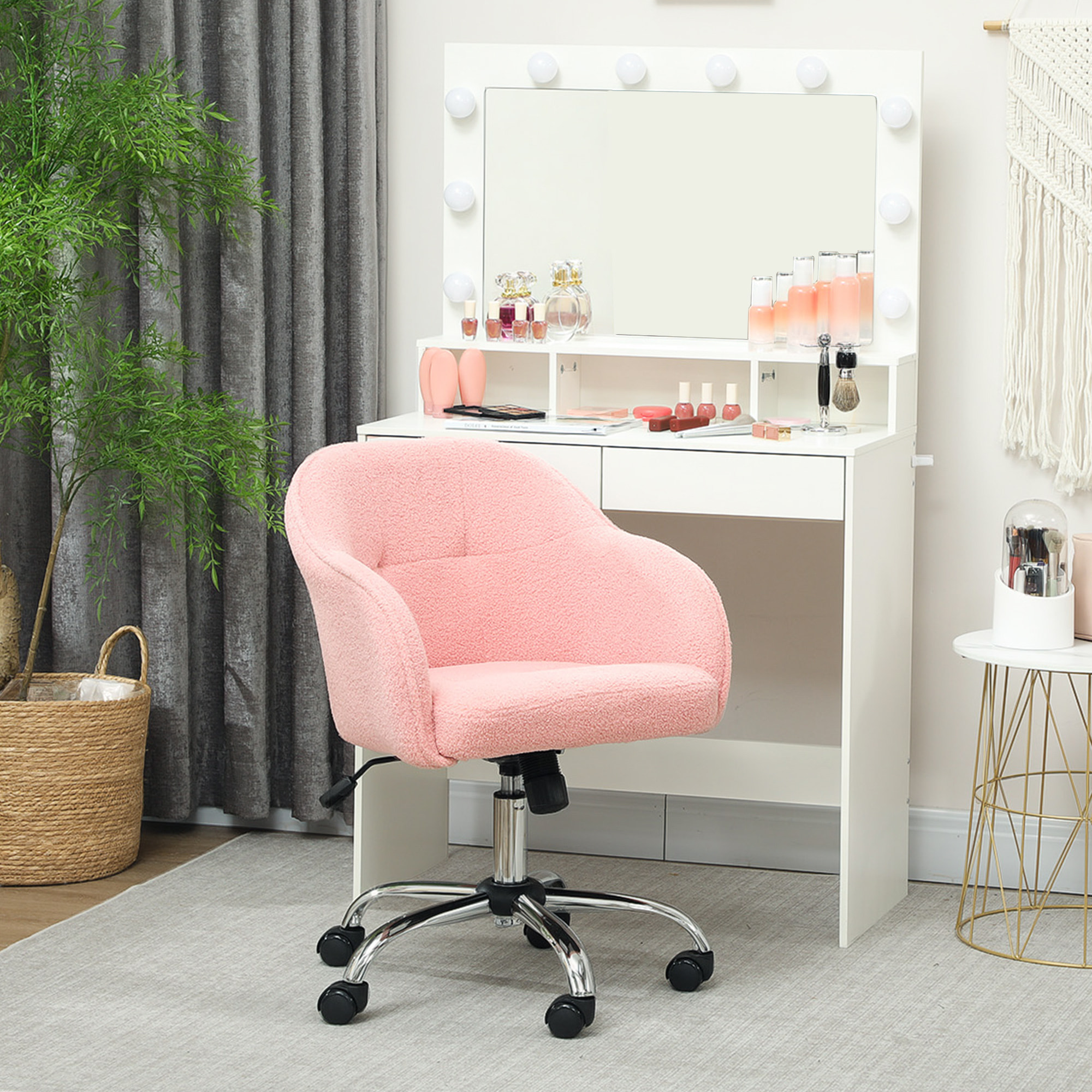 Chaise de bureau tissu bouclette design hauteur réglable pivotante piètement acier rose