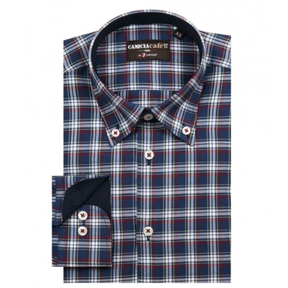 Camicia Uomo 1 Bottone Button Down Slim Cotone Poliestere Quadro Medio Blu/Bordeaux
