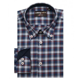 Camicia Uomo 1 Bottone Button Down Slim Cotone Poliestere Quadro Medio Blu/Bordeaux