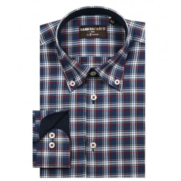 Camicia Uomo 1 Bottone Button Down Slim Cotone Poliestere Quadro Medio Blu/Bordeaux