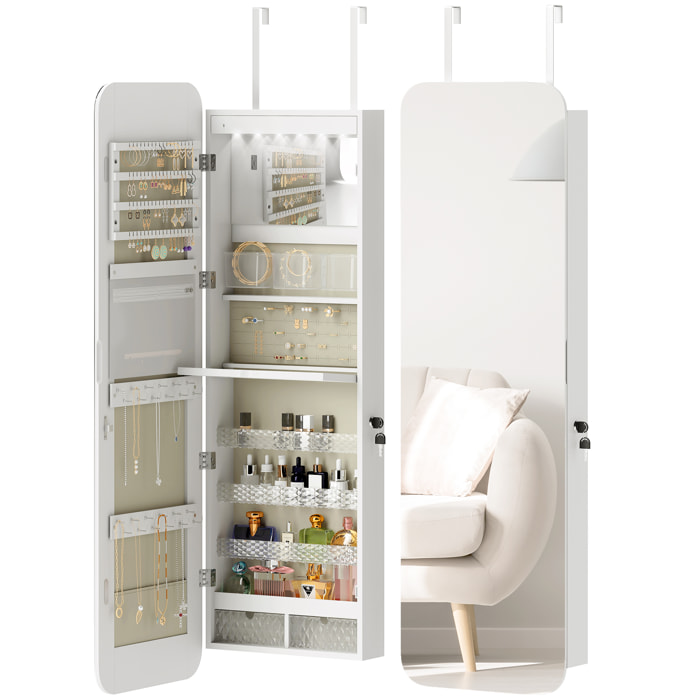 Espejo Joyero con Luz LED, Armario Joyero Montado en la Pared o en la Puerta, Armario para Joyas con Cerradura, Espejo Entero, 2 Cajones, Blanco