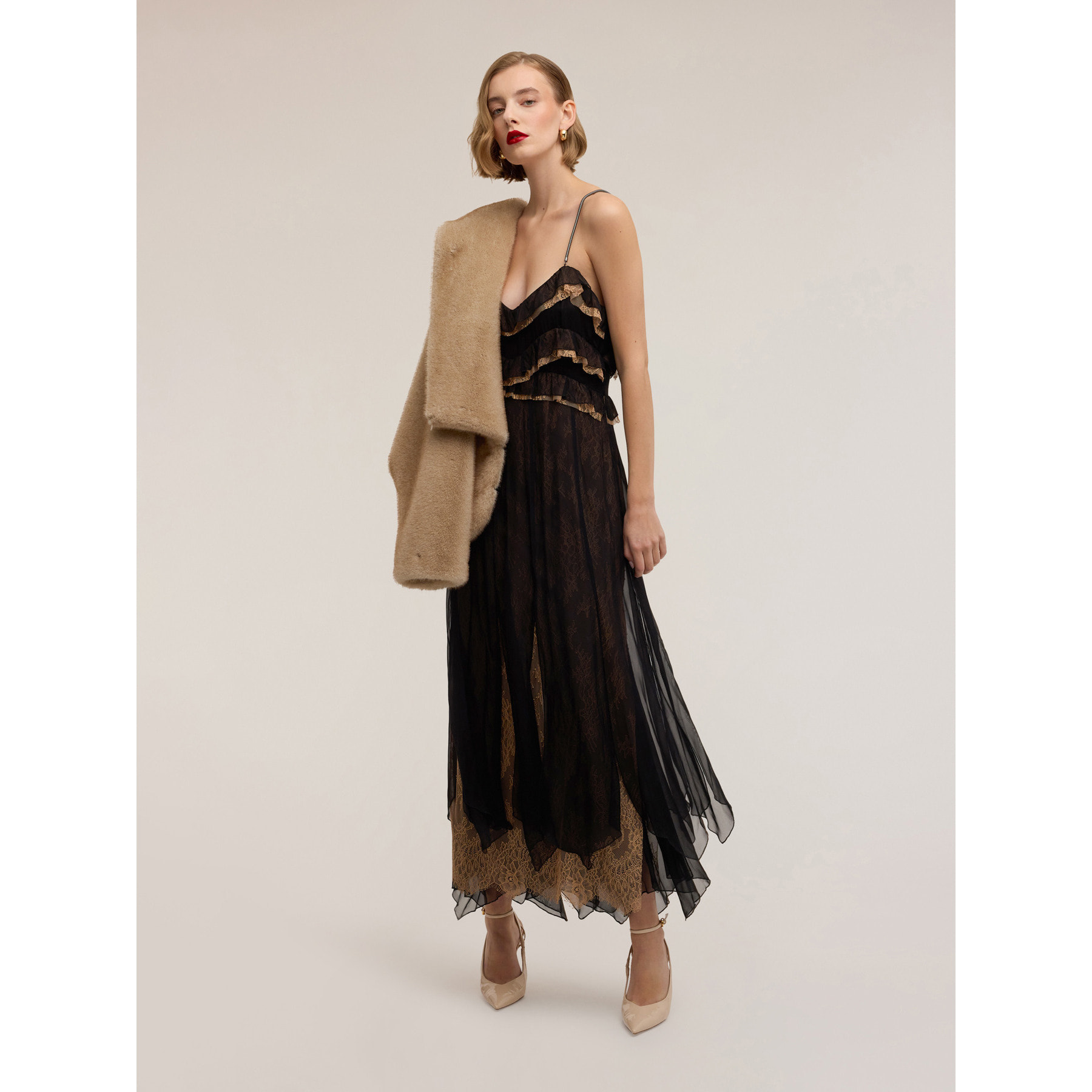 Motivi - Vestito lungo in georgette con pizzo Smart Couture - Nero