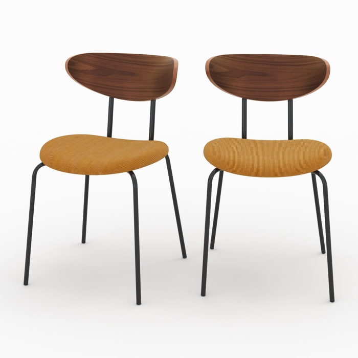 Lot de 2 chaises en velours côtelé jaune moutarde et bois de noyer - Jade