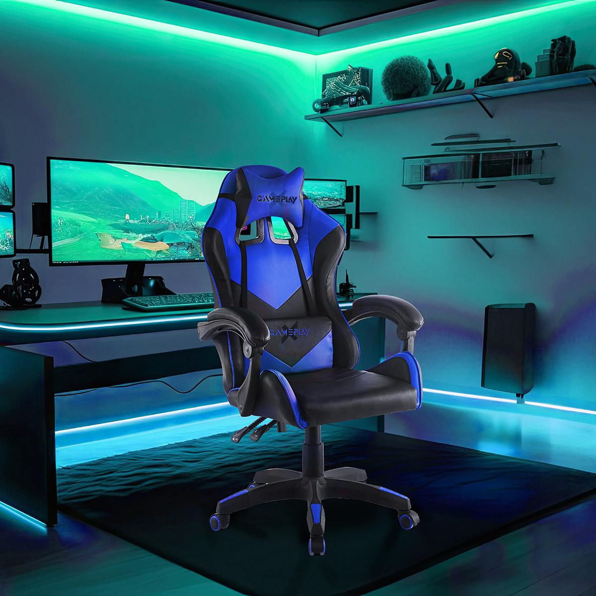 Silla de oficina gaming con reposapiés y reposabrazos acolchados, azul