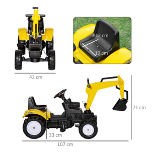 Tractor a Pedales para Niños de +3 Años Excavadora para Niños con Pala Delantera y Bocina Carga 35kg Tractor Infantil para Exterior 107x42x71 cm Amarillo