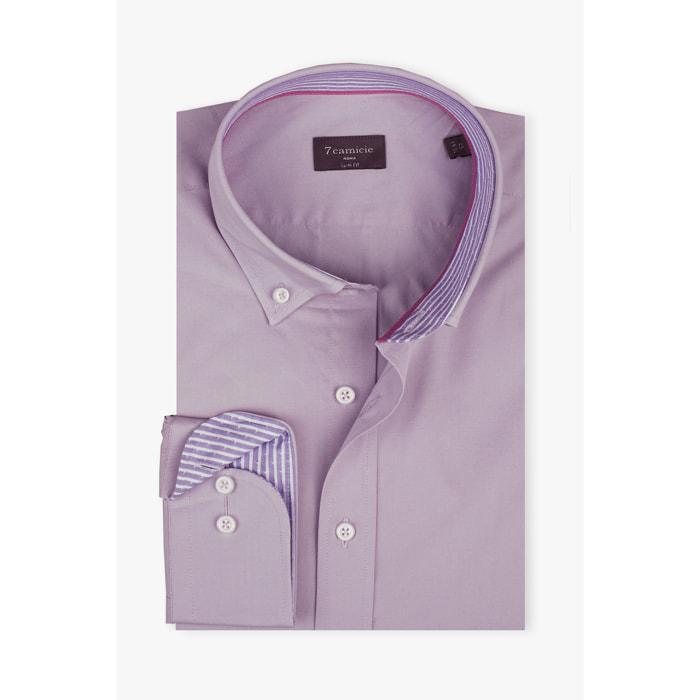 camicia uomo 1 bottone button down slim Popeline Stretch Unito Lilla