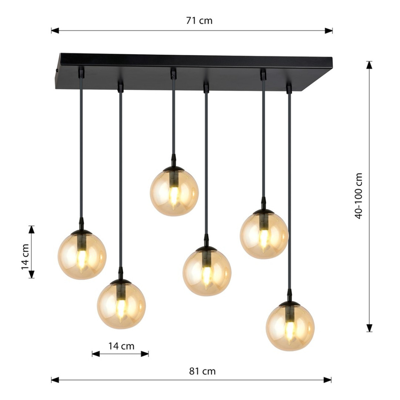 Lampada a sospensione Cosmo in acciaio nero con diffusori in vetro ambrato