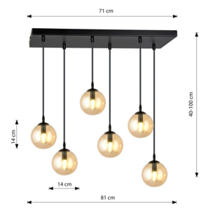 Lampada a sospensione Cosmo in acciaio nero con diffusori in vetro ambrato
