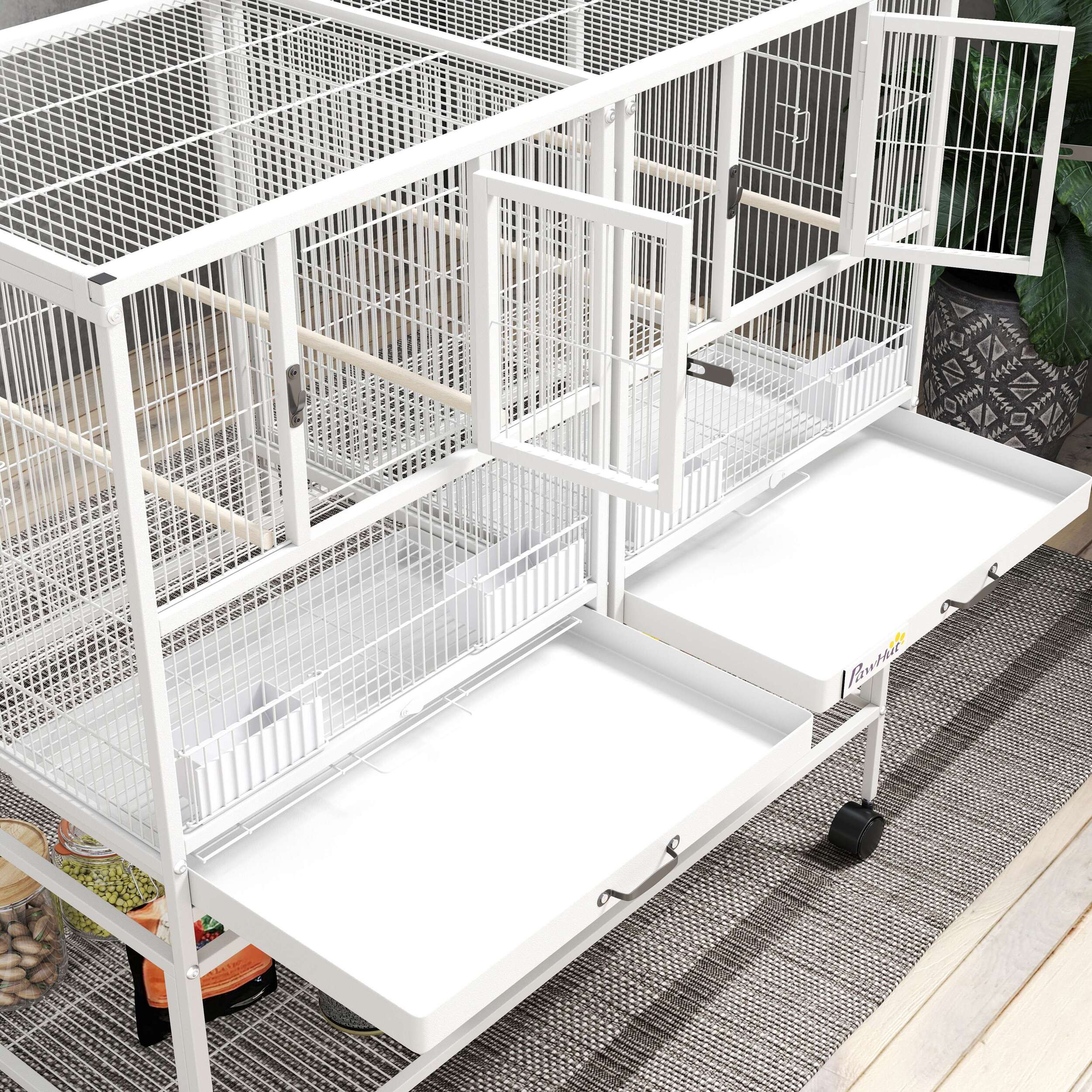 Jaula para Pájaros Grande con Divisor, Pajarera Doble con Ruedas, 4 Comederos, 4 Perchas, Estante, 2 Bandejas Extraíbles, para Periquitos, Agapornis, Canarios, 95x45,5x102 cm, Blanco