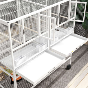 Jaula para Pájaros Grande con Divisor, Pajarera Doble con Ruedas, 4 Comederos, 4 Perchas, Estante, 2 Bandejas Extraíbles, para Periquitos, Agapornis, Canarios, 95x45,5x102 cm, Blanco