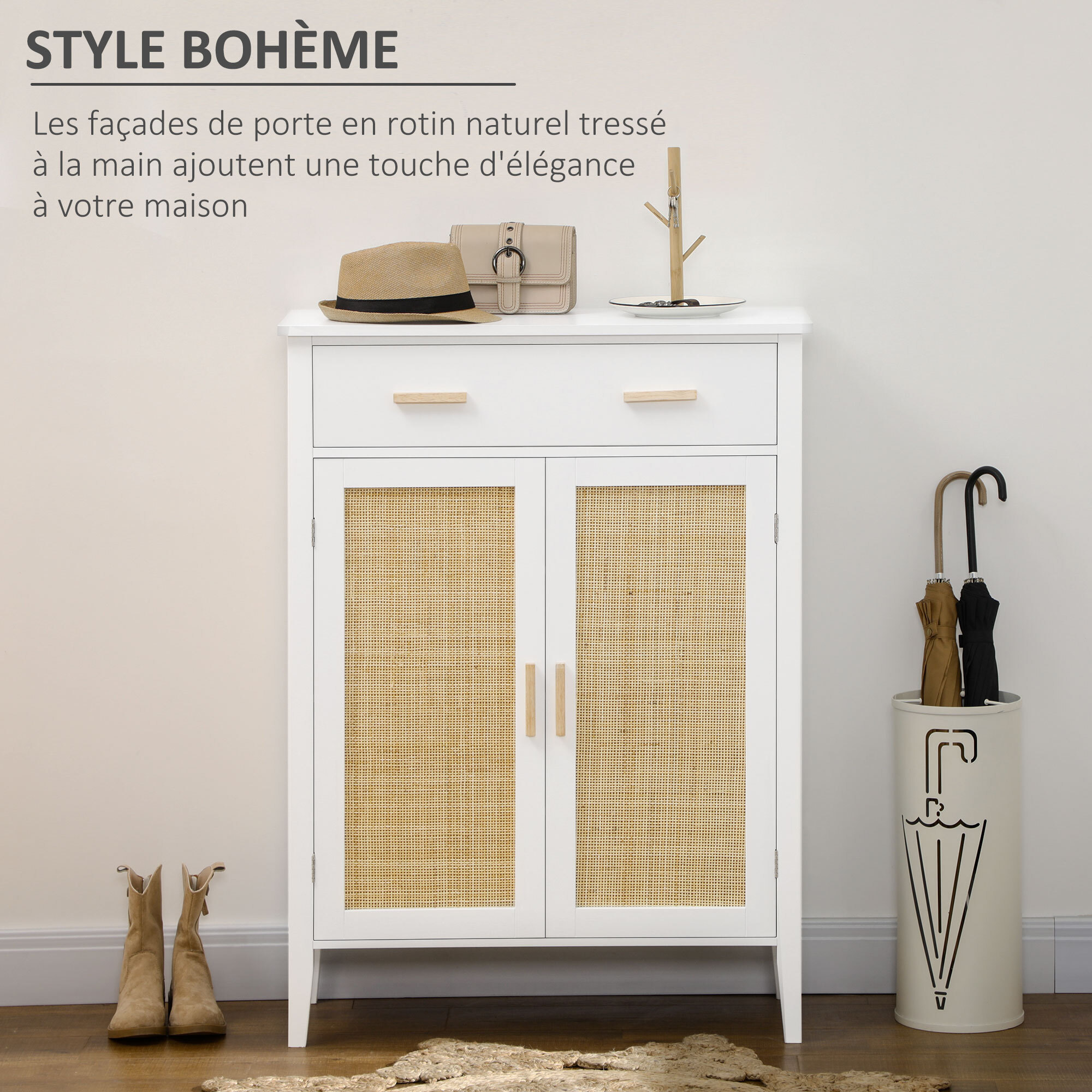 Meuble à chaussures style bohème chic - 2 portes, 3 étagères, tiroir - MDF blanc cannage rotin