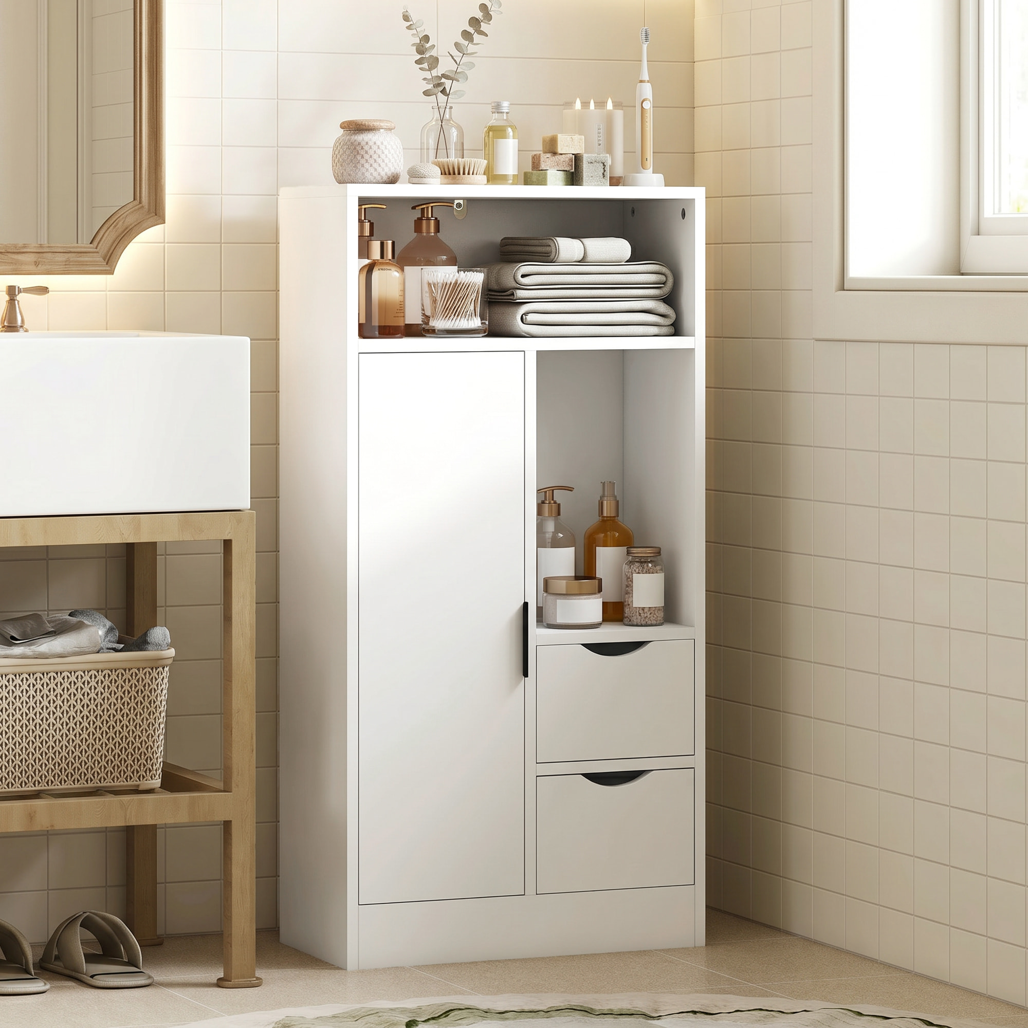 Mueble de Baño Estrecho Armario de Baño con 2 Cajones Compartimento Abierto y Estante Ajustable para Espacio Pequeño Cocina Salón 50x25x100 cm Blanco