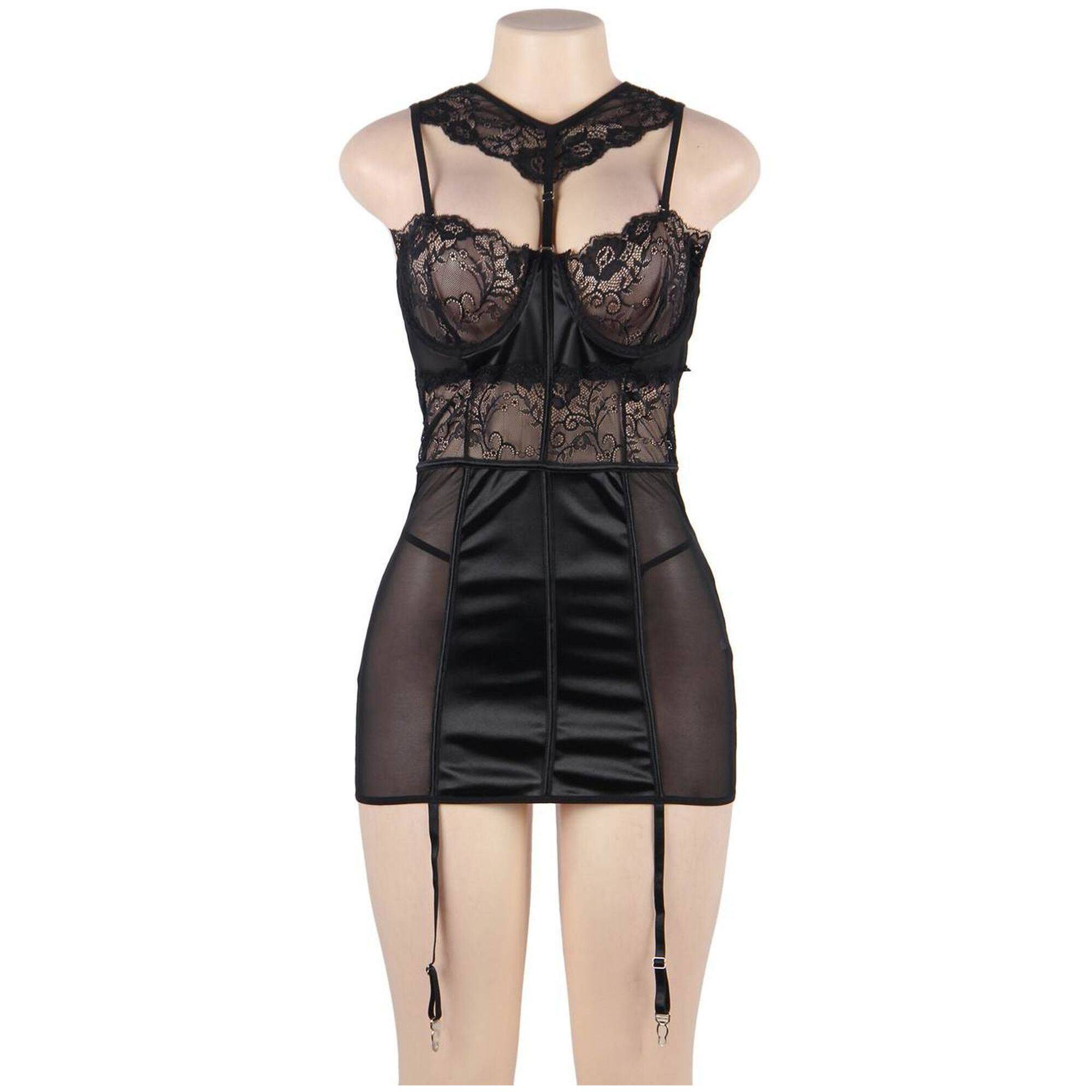 Babydoll de cuero negro de grande con copas de encaje y tirantes ajustables