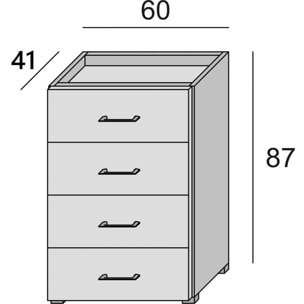 Cassettiera Primula, Settimanale a 4 cassetti per camera da letto, Mobiletto multiuso da ufficio o studio, Cm 60x41h87, Cemento e Bianco