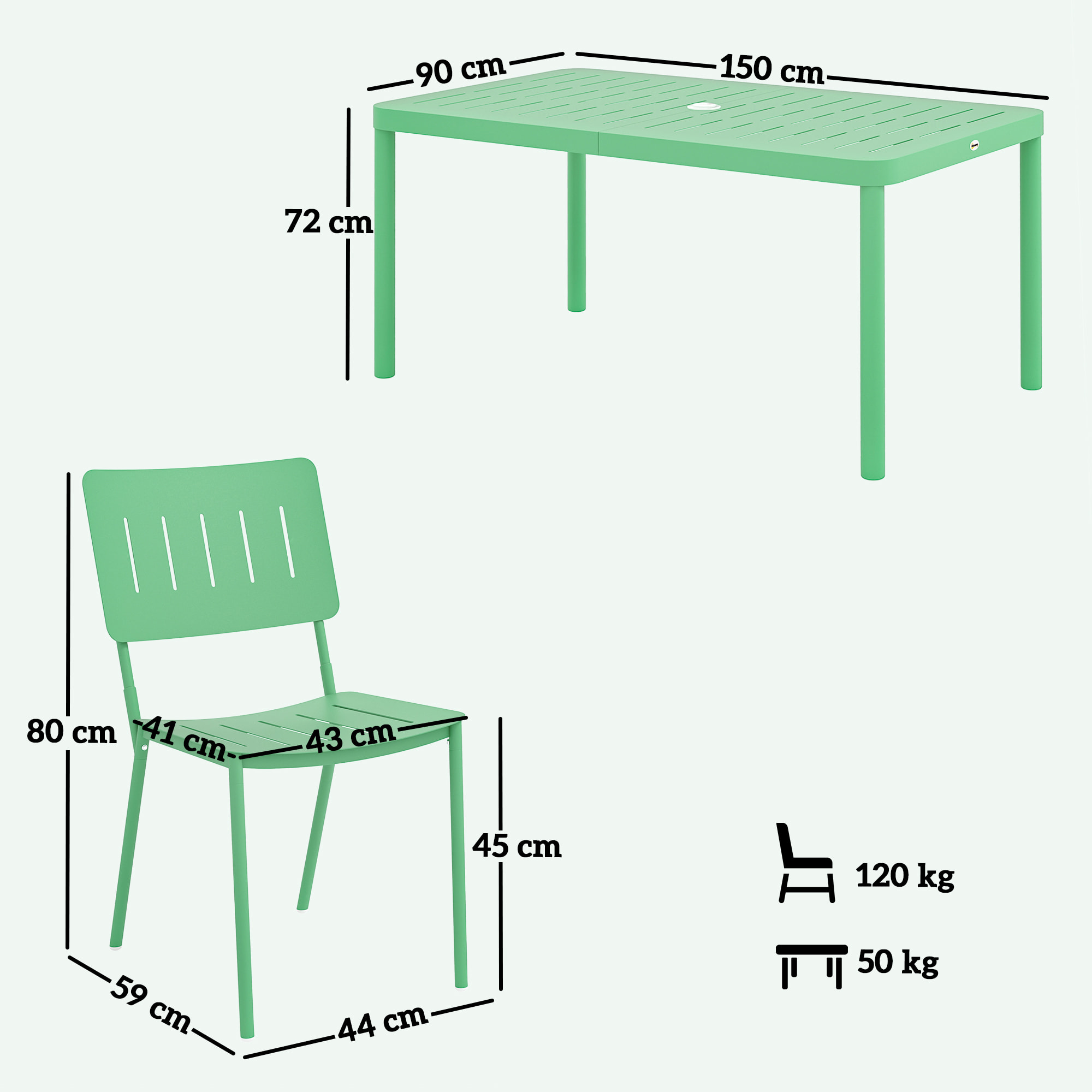 Salon de jardin - ensemble déjeuner 6 places 7 pièces - table et 6 chaises empilables - acier thermolaqué vert