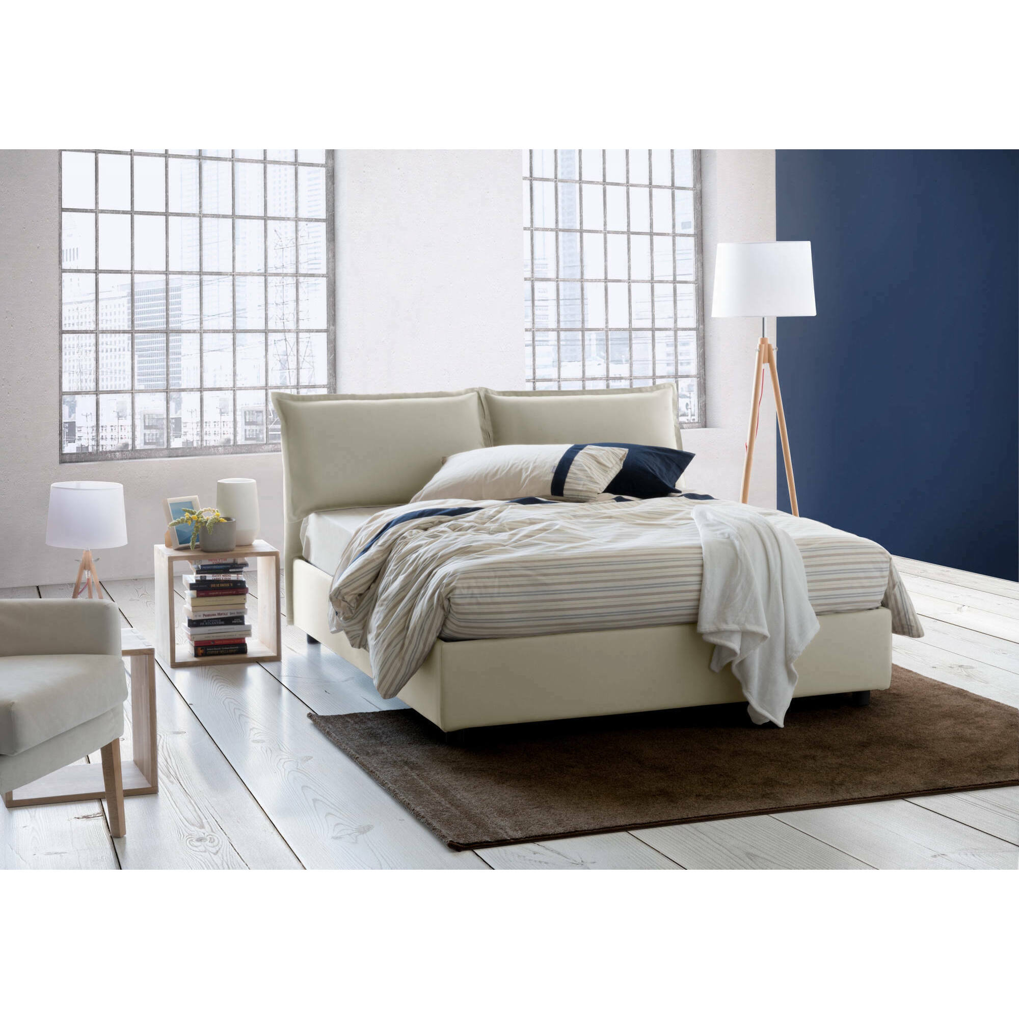 Letto matrimoniale Anjin, Letto contenitore con rivestimento in tessuto, 100% Made in Italy, Apertura frontale, adatto per materasso Cm 160x190, Beige