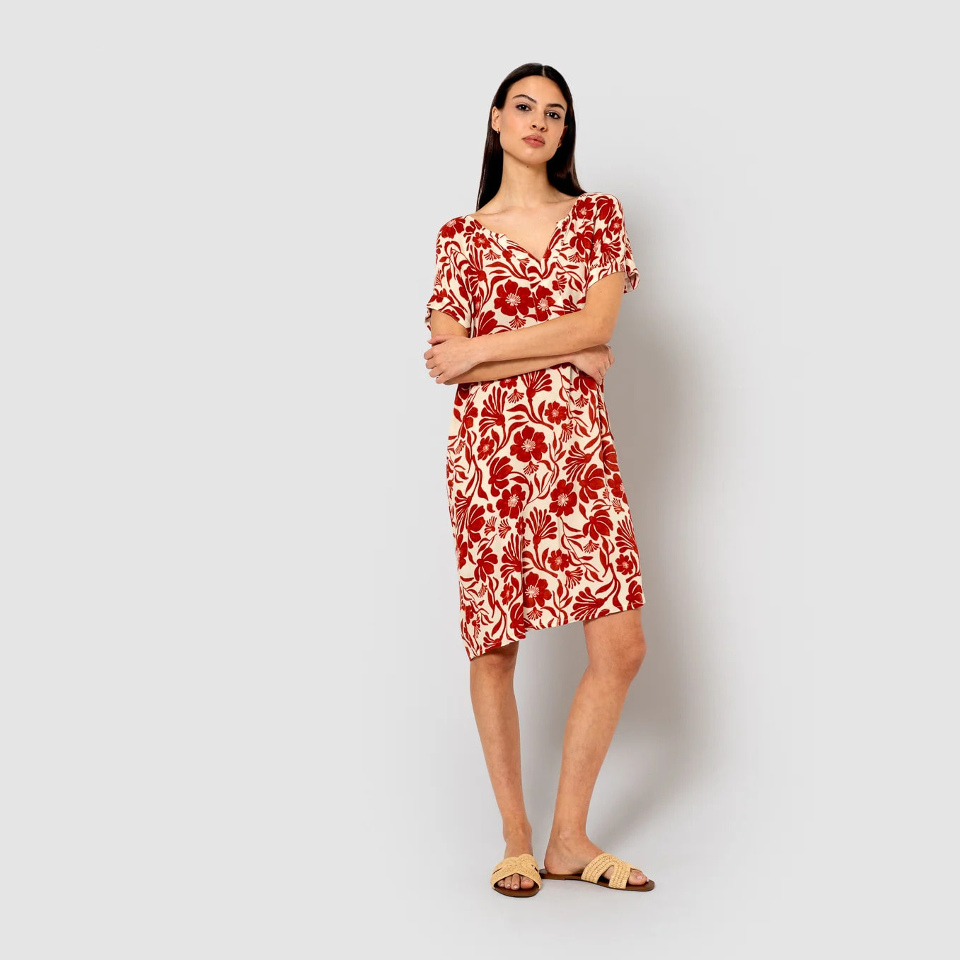 Vestido corto bambula detalles plisados alexis teja