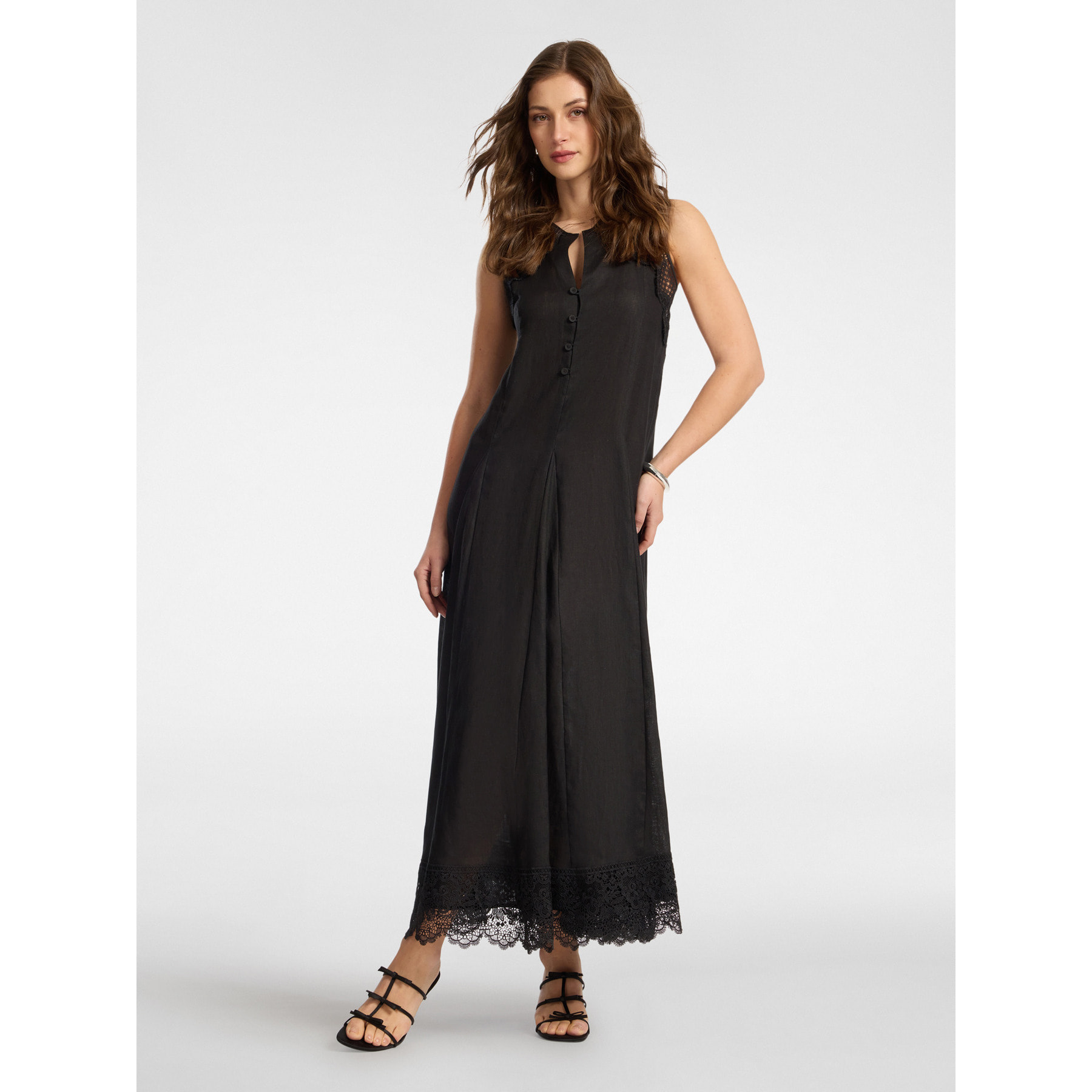 Elena Mirò - Vestido largo de lino con encaje - Negro