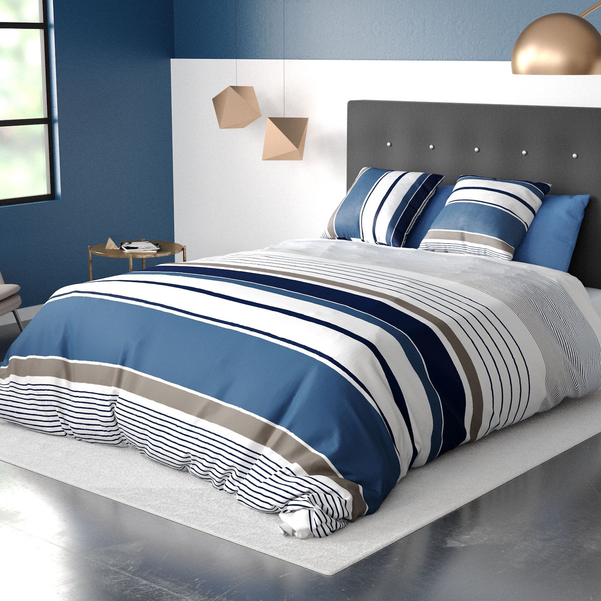 Parure housse de couette coton bleu gris