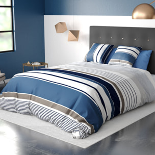 Parure housse de couette coton bleu gris