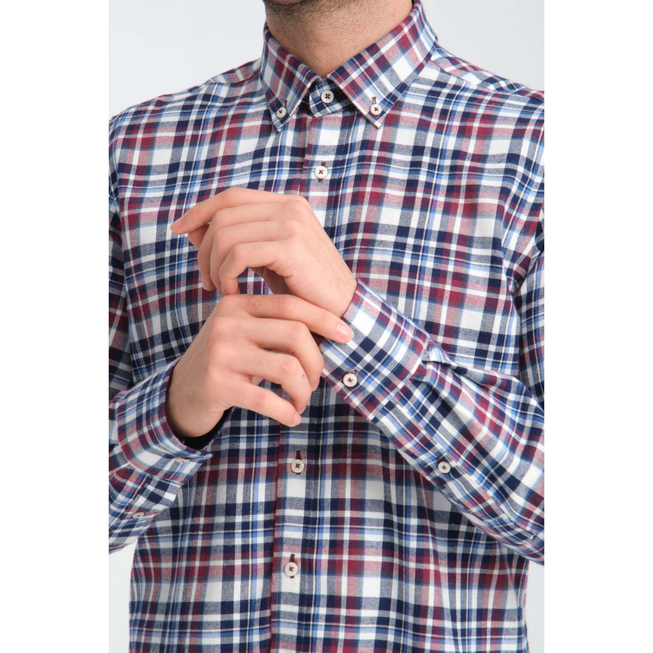 camicia uomo 1 bottone button down slim Flanella Quadro Medio Blu/Bordeaux