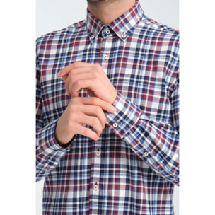 camicia uomo 1 bottone button down slim Flanella Quadro Medio Blu/Bordeaux