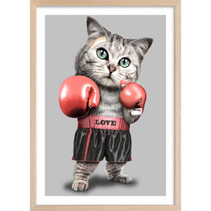 Affiche enfant chat boxeur  Affiche + cadre en bois - Chêne