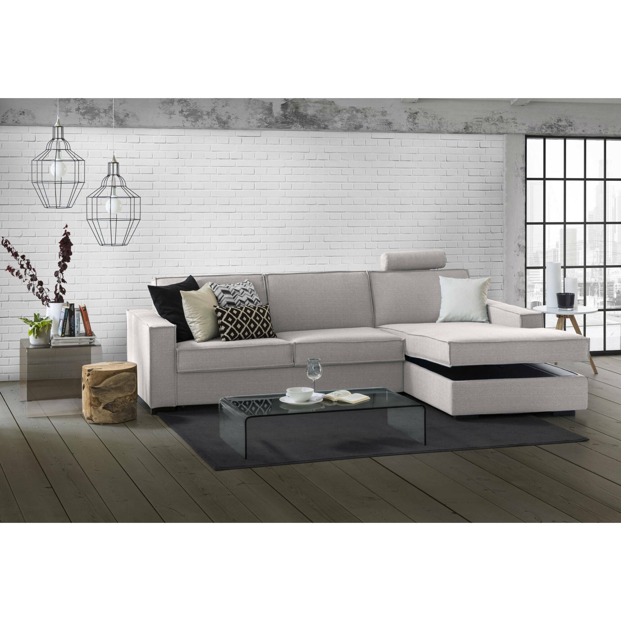 Divano letto con penisola Afar, Sofà con apertura girevole, Penisola contenitore Destra, Braccioli slim, 100% Made in Italy, Cm 260x95h90, Grigio