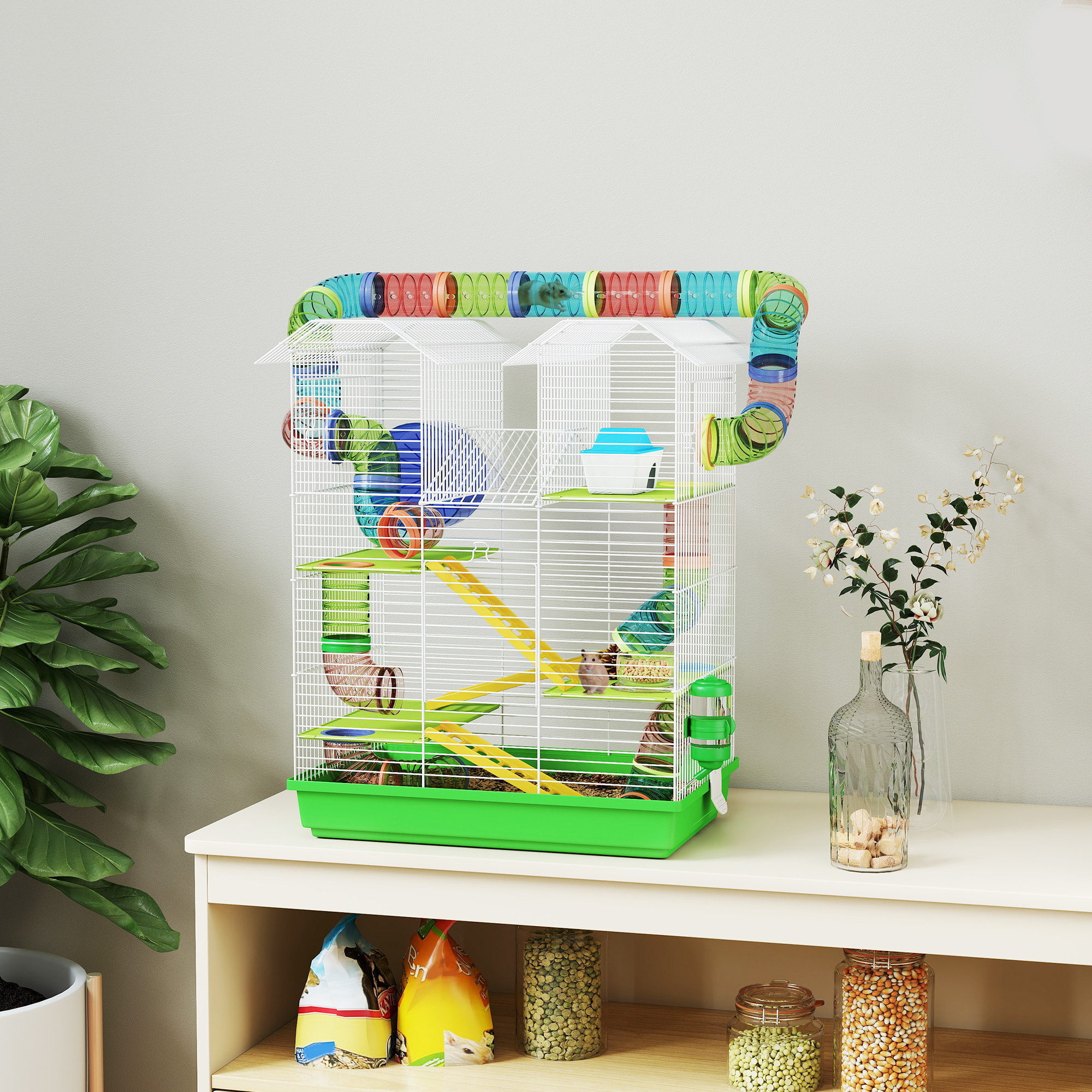Cage pour hamster souris petits animaux rongeur avec tunnel mangeoire roue jouet 47 x 30 x 59 cm cm vert