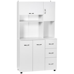 Armoire de cuisine multi-rangement 4 portes 3 tiroirs étagère + grand plateau 89L x 39l x 168H cm MDF blanc