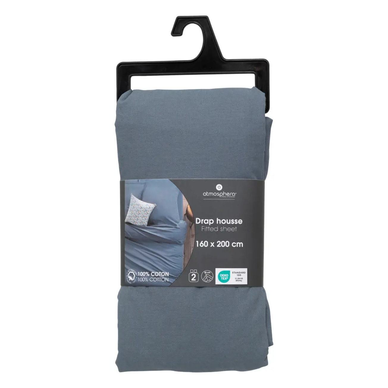 Drap-housse "Carina" en coton 160x200cm bleu orage