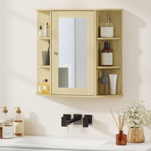 Armario de Baño con Espejo, Armario de Pared con Puerta, Estantes Abiertos, Mueble de Baño Colgar para Cocina, Salón, 66x17x63 cm, Natural
