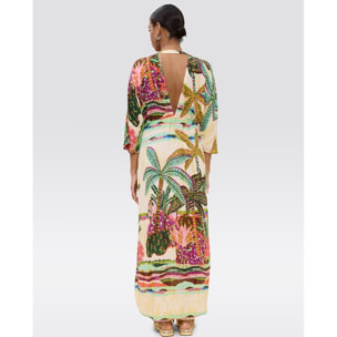 Abito lungo con maniche larghe e stampa di palme multicolore