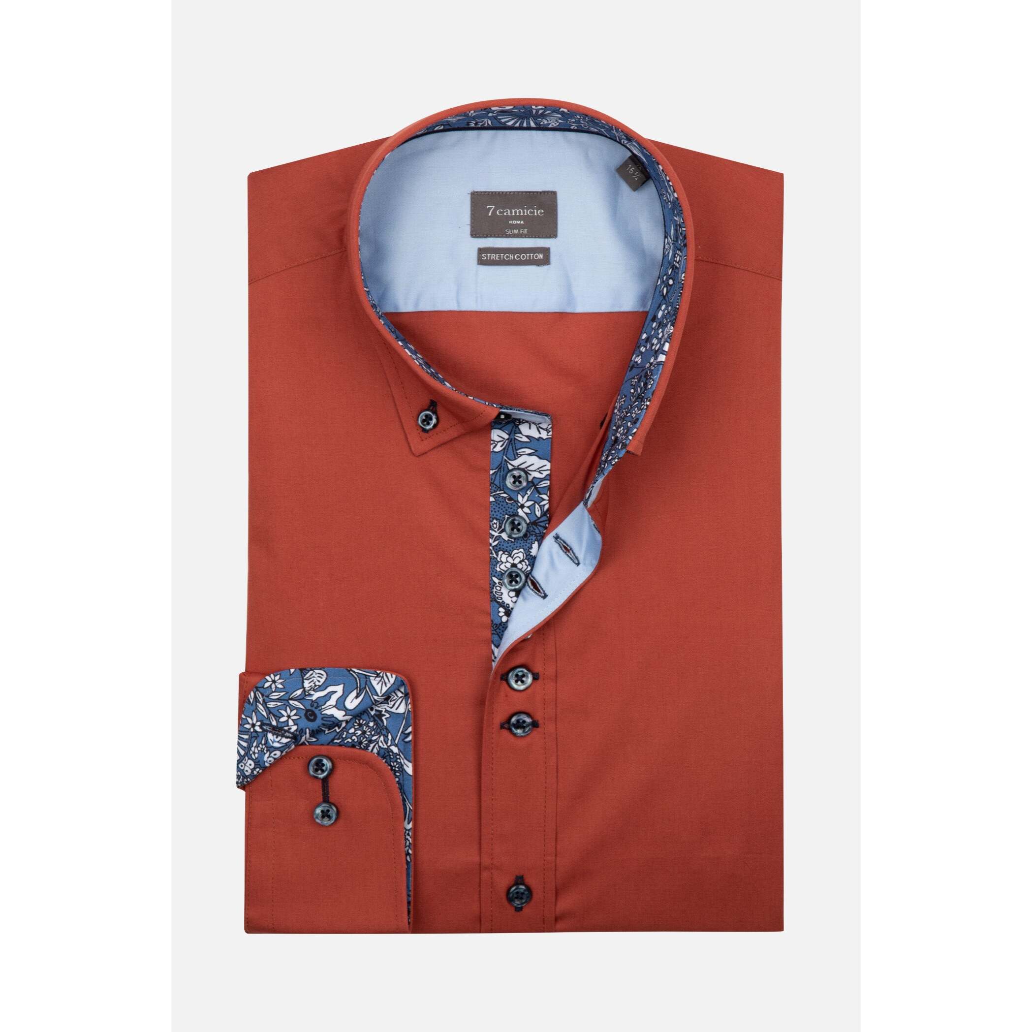 Camicia Uomo 1 Bottoni Button Down Slim Popeline Stretch Unito Rosso Mattone