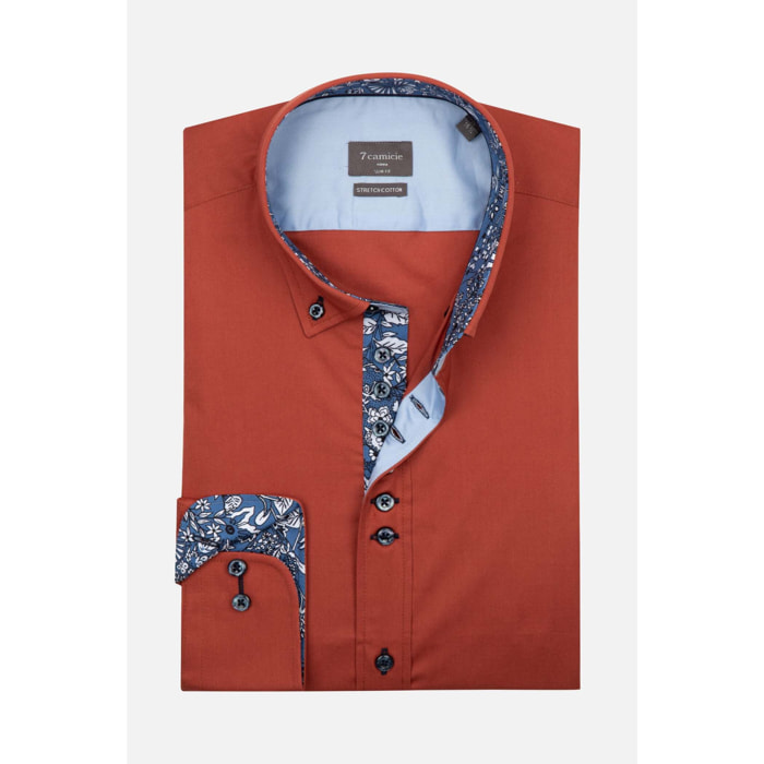 Camicia Uomo 1 Bottoni Button Down Slim Popeline Stretch Unito Rosso Mattone