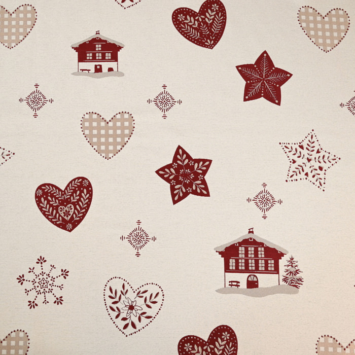 Tissu jacquard d’ameublement avec motifs chalets et cœurs - Rouge