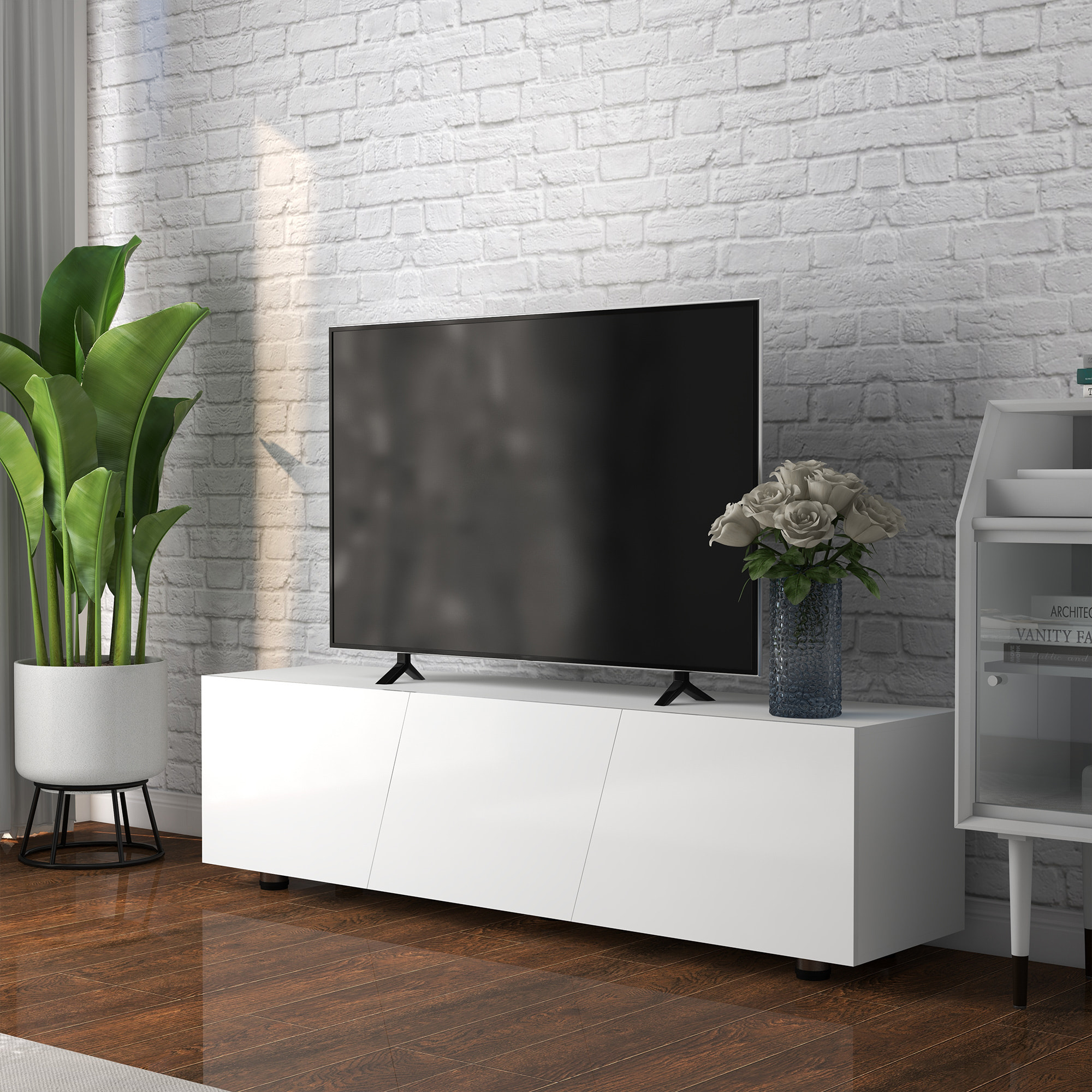 Meuble TV Banc TV style contemporain 3 portes abattantes panneaux blanc laqué