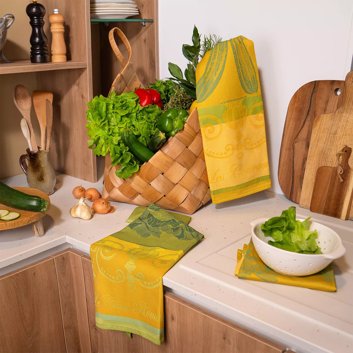 Torchon pur coton motif jacquard jaune vert Le chou romanesco vert