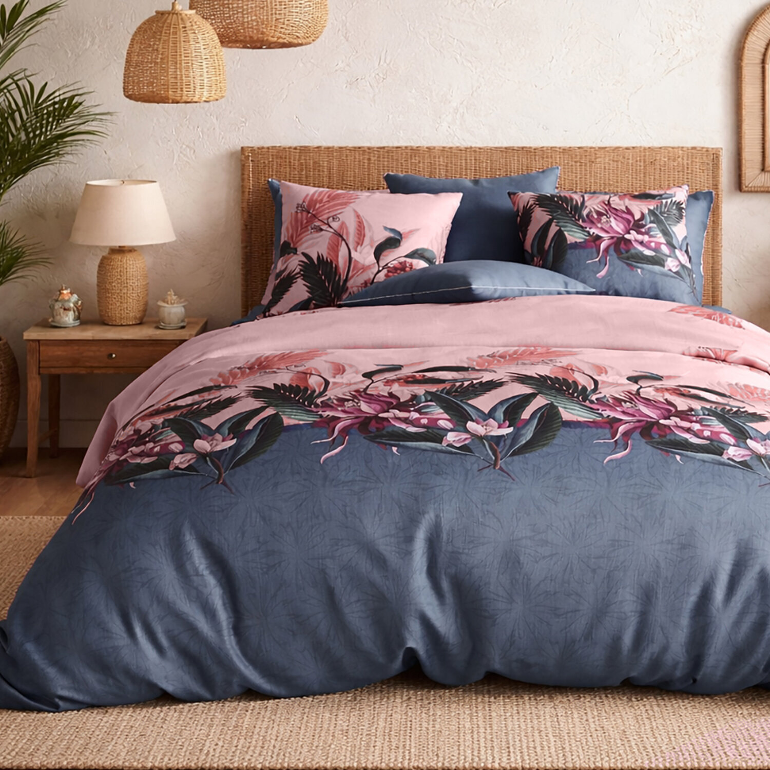 Parure housse de couette imprimé 100% coton - flora - rose