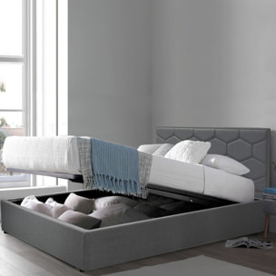 Lit coffre Madrid avec tête de lit | Espace de Stockage jusqu'à 900 L | Robuste et Large Angle d’Ouverture | Tissu | Gris clair