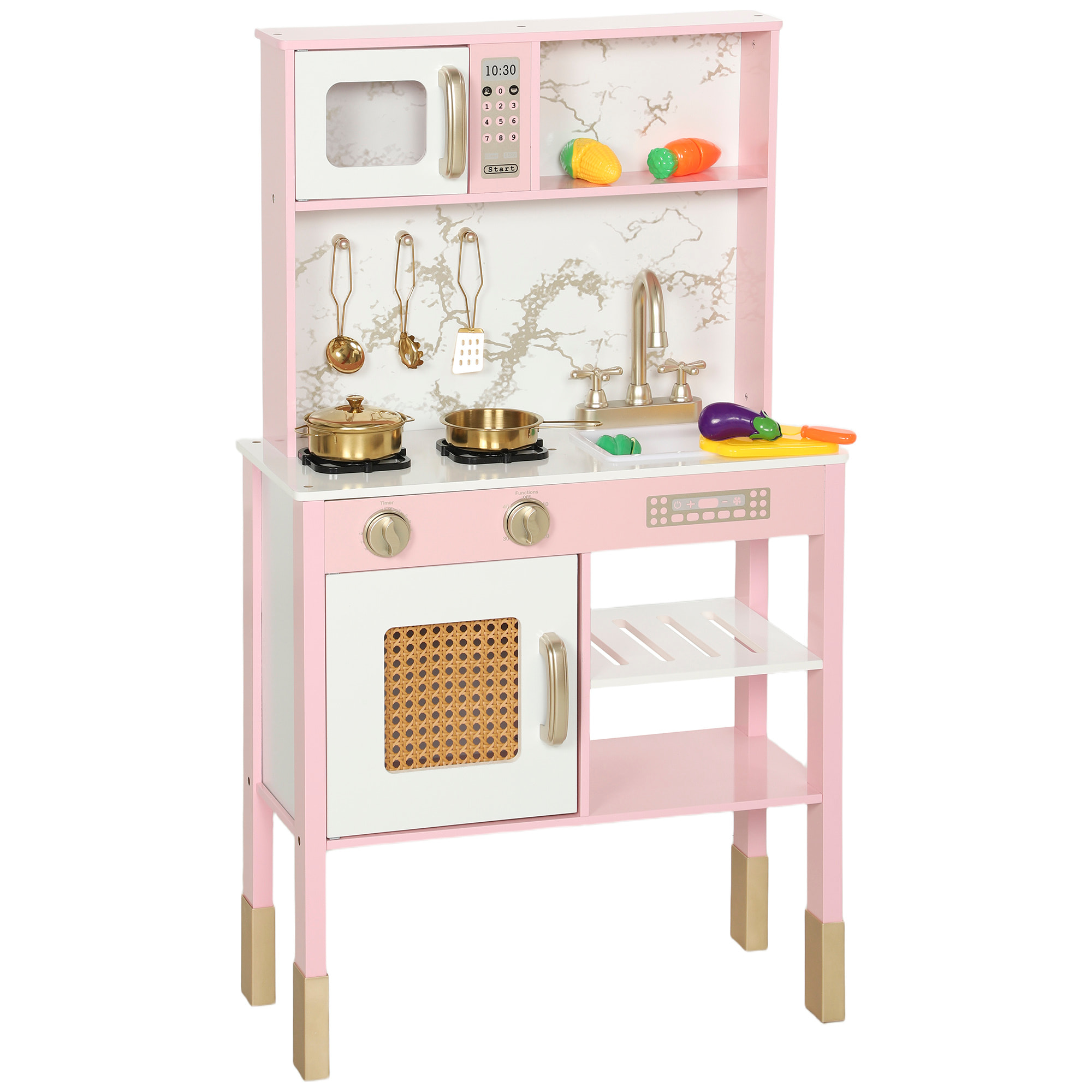 Cocina de Juguete de Madera con Sonido, Cocinita Infantil con Accesorios de Acero Inoxidable, Microondas, Horno, Fregadero, Verduras para Cortar, para Niños a Partir de 3 Años, Rosa