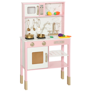 Cocina de Juguete de Madera con Sonido, Cocinita Infantil con Accesorios de Acero Inoxidable, Microondas, Horno, Fregadero, Verduras para Cortar, para Niños a Partir de 3 Años, Rosa