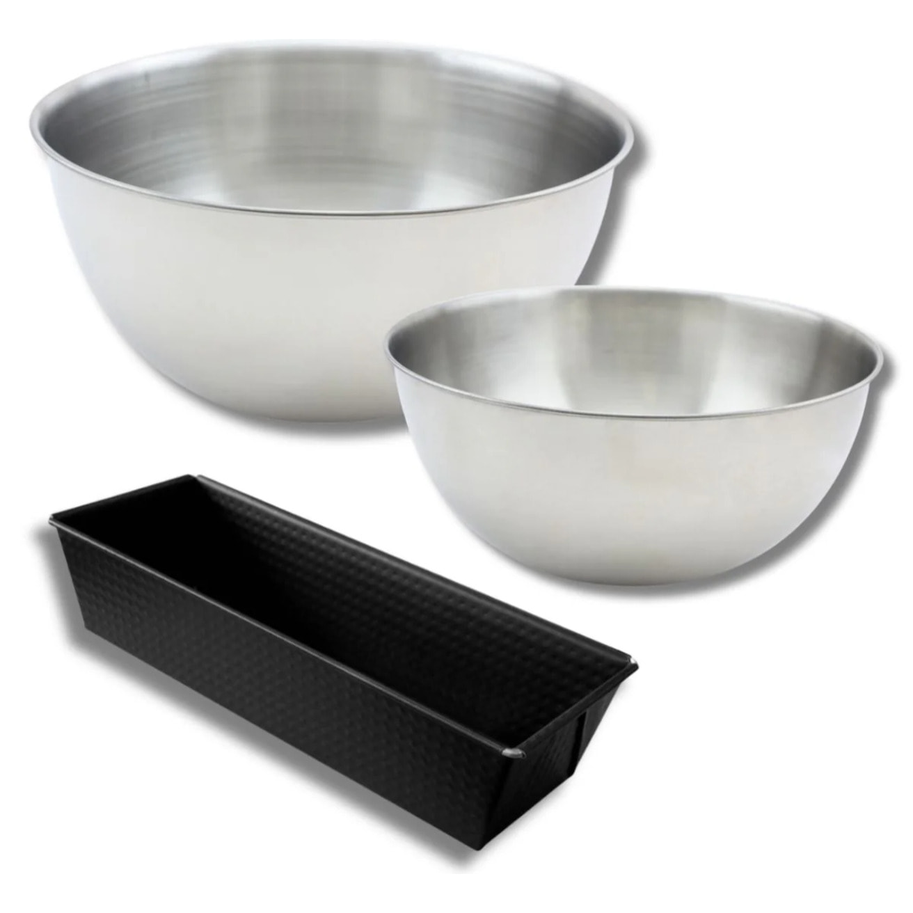 Ensemble avec 1 Moule à Cake 25,5cm, 1 spatule Zenker et 2 bols à mixer en inox Fackelmann