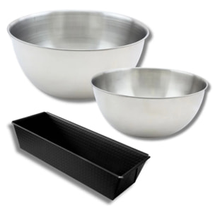 Ensemble avec 1 Moule à Cake 25,5cm, 1 spatule Zenker et 2 bols à mixer en inox Fackelmann