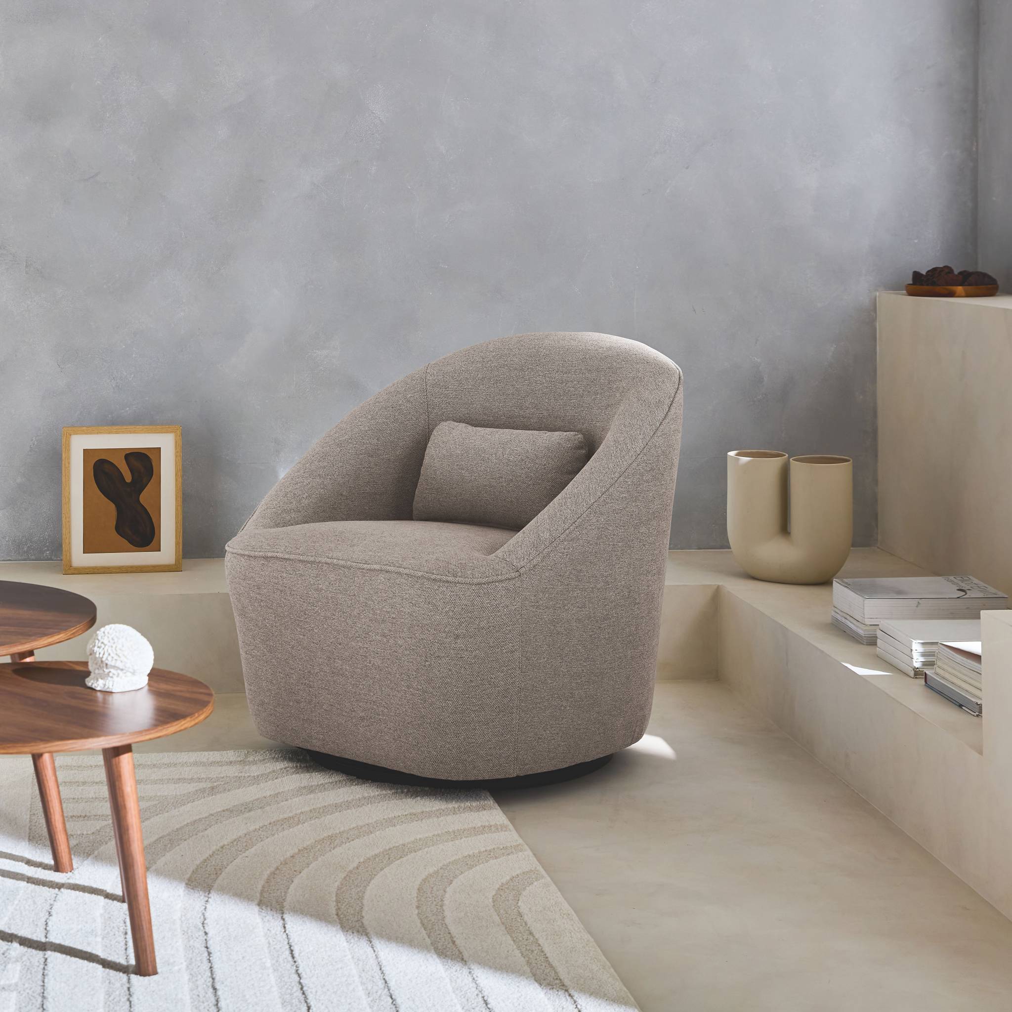 Fauteuil pivotant 360° en tissu grège. avec coussin LANA L 80 x P 73 x H77cm